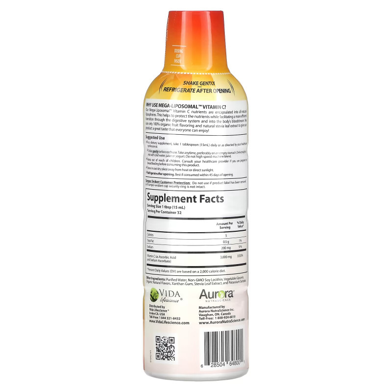 Aurora Nutrascience, Mega-Liposomal Vitamin C, Organic Fruit Flavor, 3,000 mg, 16 fl oz (480 ml)