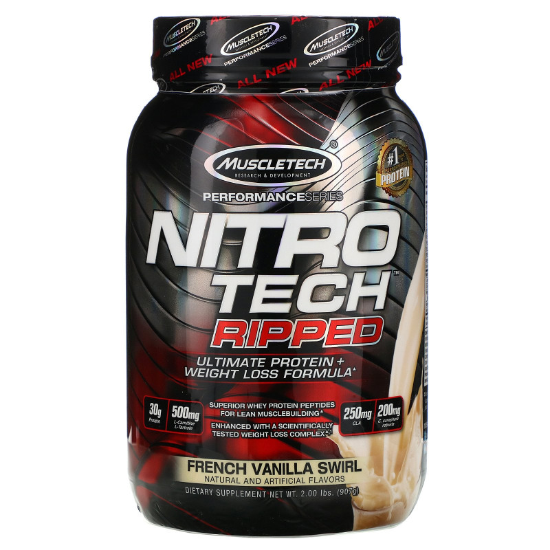 Muscletech, Ripped, Ultimate Protein + Weight Loss Formula, French Vanilla Swirl, 2.00 lbs (907 g)