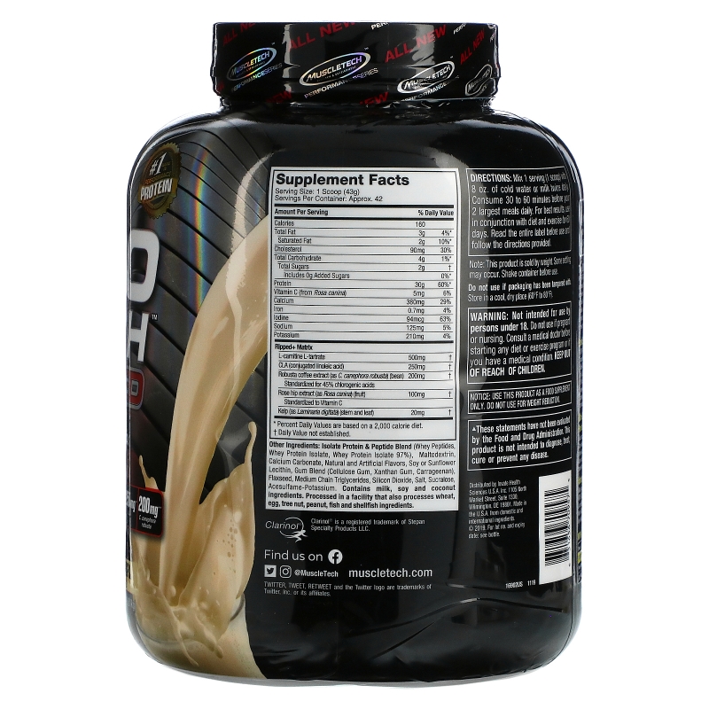 Muscletech, Nitro Tech, Ripped, Ultimate Protein + Weight Loss Formula, French Vanilla Swirl, 4.00 lbs (1.81 kg)