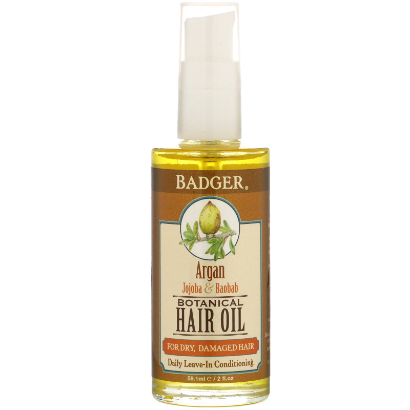 Badger Company Ботаническое масло для волос, Аргана масло жожоба и баобаб, для питания и увлажнения волос, 2 жидких унции (59.1 мл)