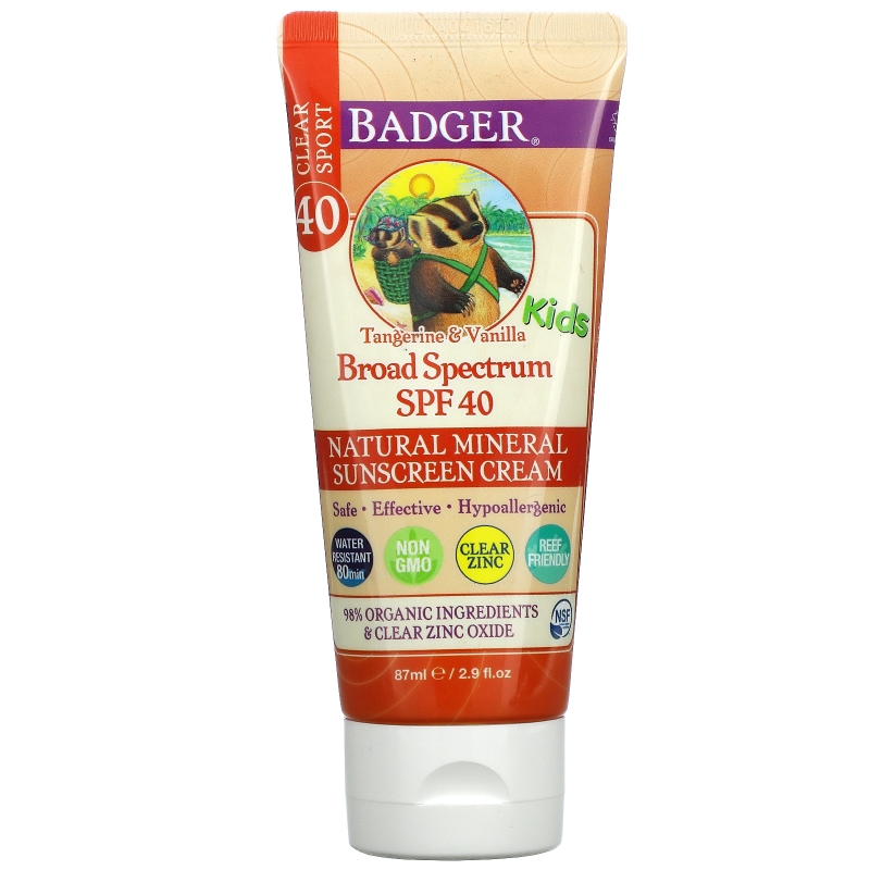 Badger Company, Clear Sport, для детей, натуральный минеральный солнцезащитный крем, фактор защиты от солнца 40, мандарин и ваниль, 2,9 жидкой унции (87 мл)