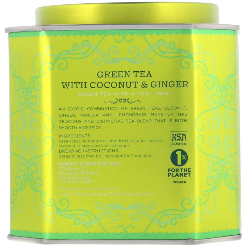 Harney & Sons, Зеленый чай с кокосом, имбирем и ванилью, 30 пакетиков, 2,67 унции (75 г)