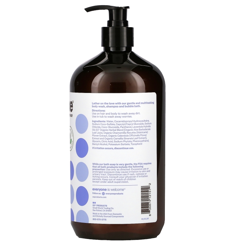EO Products Мыло 3 в 1 для всего тела: шампунь гель для душа и пена для ванны с лавандой и алоэ, для увлажнения кожи и волос,  960 мл