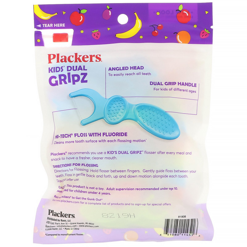 Plackers, Kid's Dual Gripz, детские зубочистки с нитью, с фтором, фруктовый смузи, 75 шт.