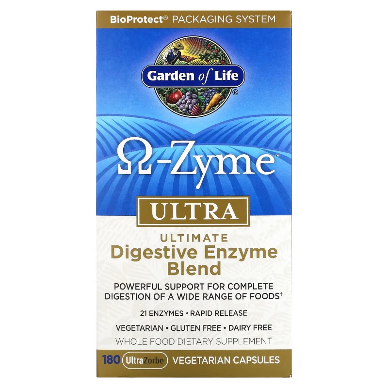 Garden of Life Ω-Zyme Ultra Комплекс пищеварительных ферментов 180 вегетарианских капсул UltraZorbe