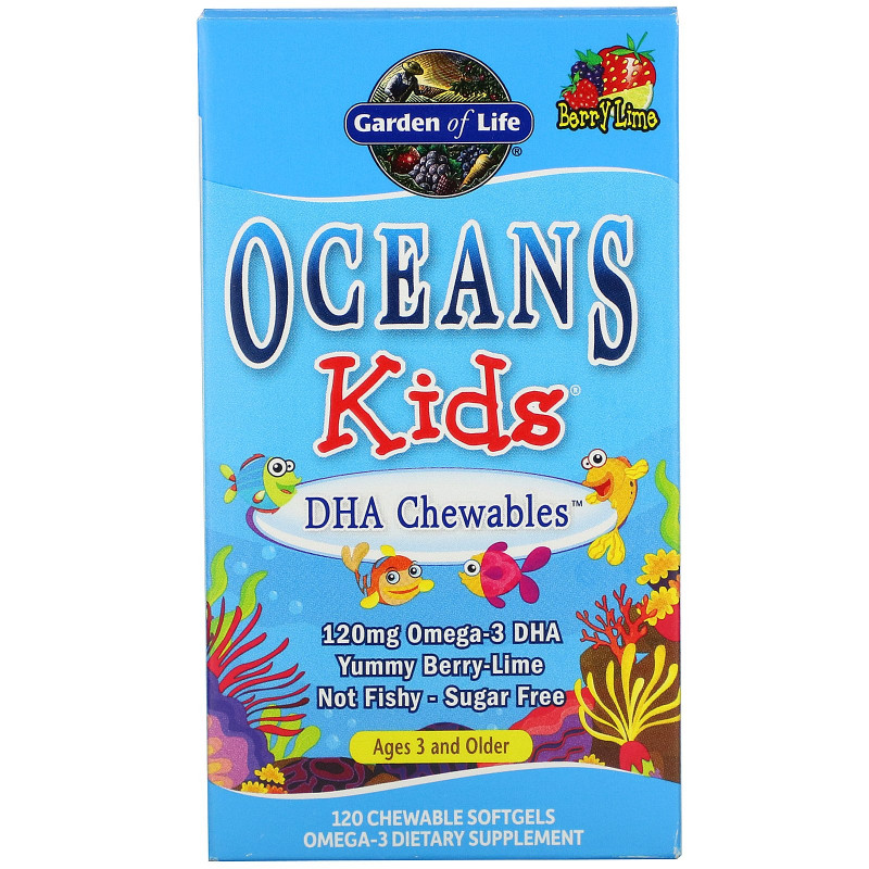Garden of Life Oceans Kids DHA Chewables от трёх лет и старше с лаймом 120 жевательных таблеток