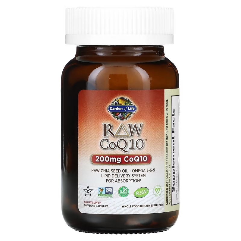 Garden of Life, Коэнзим Q10 из необработанных продуктов, 200 мг, 60 вегетарианских капсул