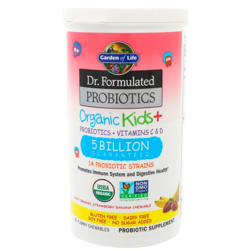 Garden of Life, Пробиотическая добавка Dr. Formulated Probiotics, Organic Kids + витамины C и D, 5 млрд, клюква и банан, 30 жевательных драже