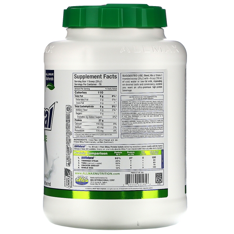 ALLMAX Nutrition, IsoNatural, Чистый Изолят Сывороточного Протеина, Оригинальный, Без вкуса, 79 унции (2.25 кг)