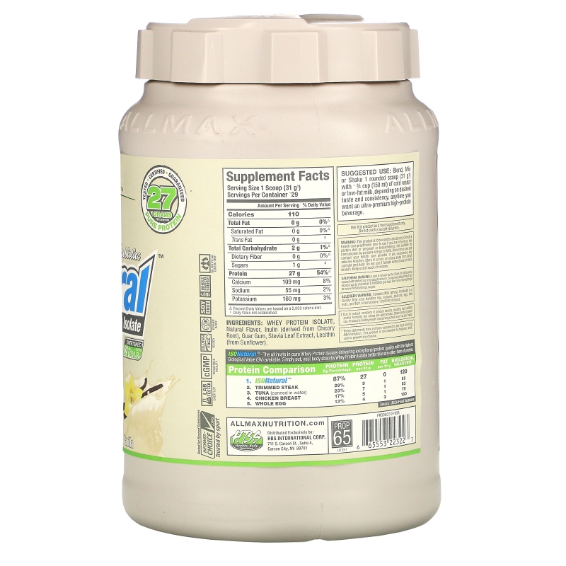 ALLMAX Nutrition, IsoNatural, Изолят Сывороточного Протеина, Ваниль, 2 фунта (907 г)