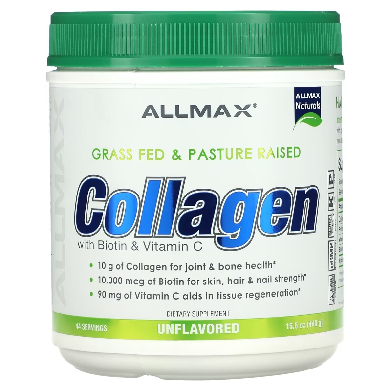 ALLMAX Nutrition, Grass Fed & Pasture Raised Collagen with 10,000 mcg Biotin + 90 mg Vitamin C, 15.5 oz (440 g)
