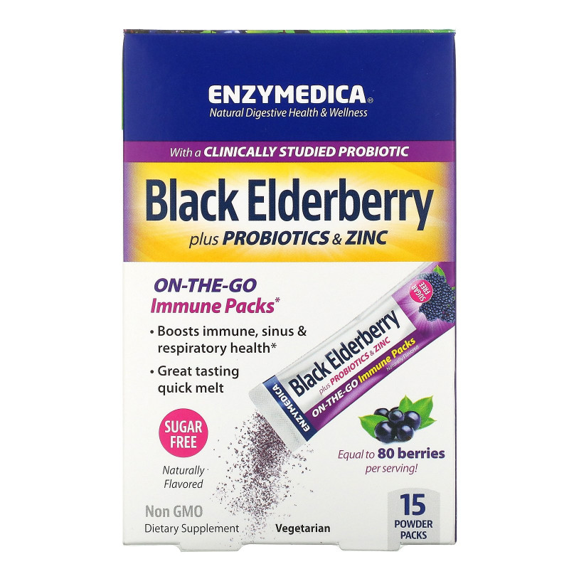 Enzymedica, Black Elderberry plus Probiotics & Zinc, Naturally Flavored, 15 Powder Packs