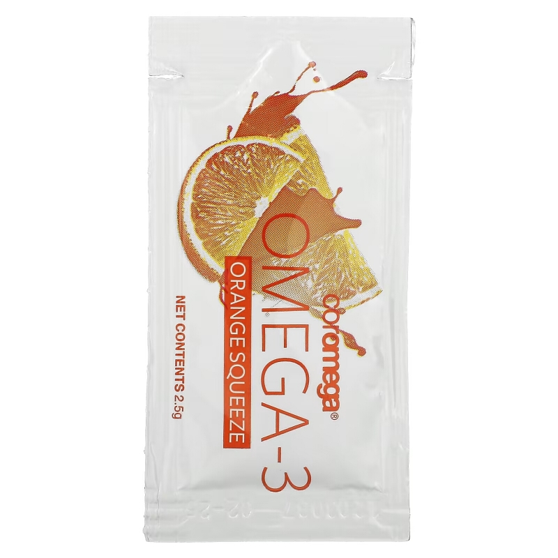 Coromega Омега-3 Выжимающиеся пакетики со вкусом апельсина 90 пакетиков 2.5 г каждый