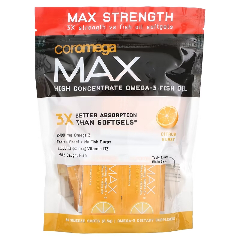 Coromega, Max, Super High Omega-3 Fish Oil, Citrus Burst, 60 Squeeze Shots, (2.5 g) Each