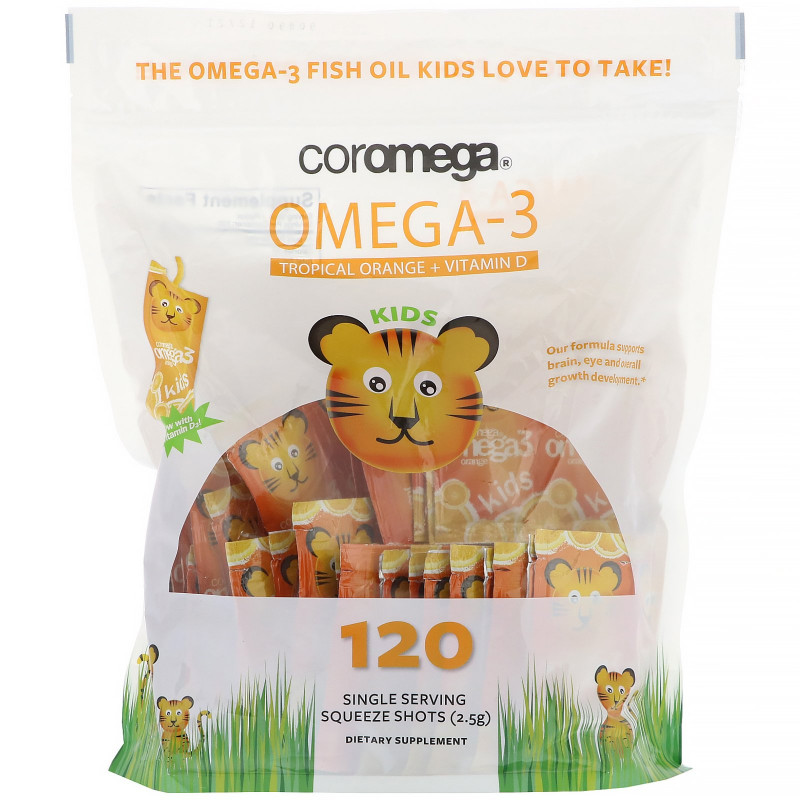 Coromega, Omega-3, Tropical Orange + Vitamin D for Kids,  120 Squeeze Shots