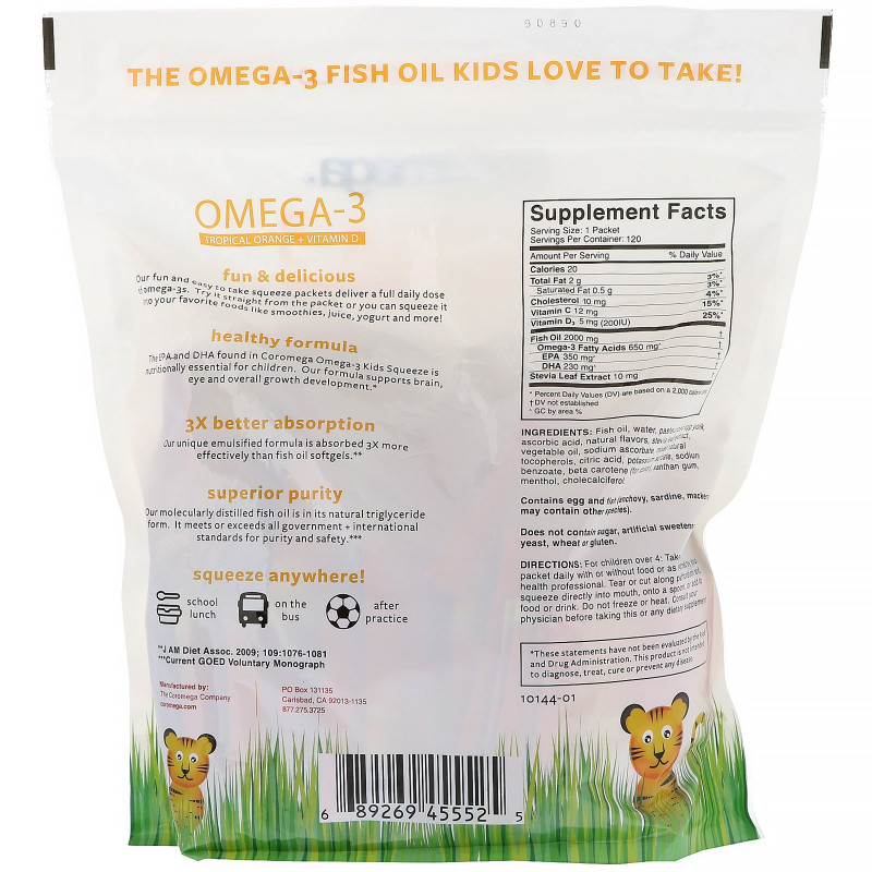 Coromega, Omega-3, Tropical Orange + Vitamin D for Kids,  120 Squeeze Shots