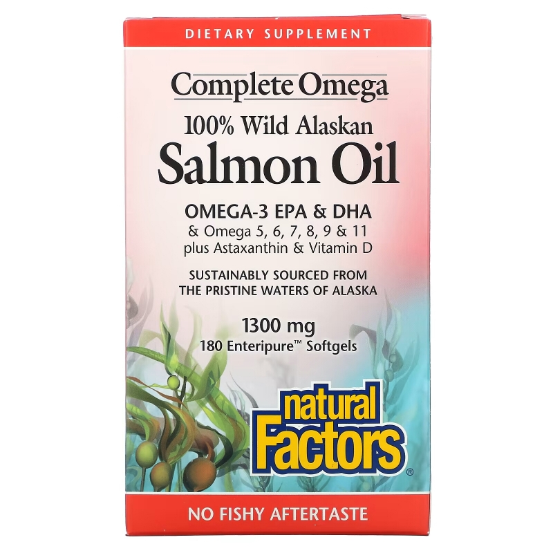 Natural Factors, 100% масло дикого аляскинского лосося, 1300 мг, 180 желатиновых капсул Enteripure