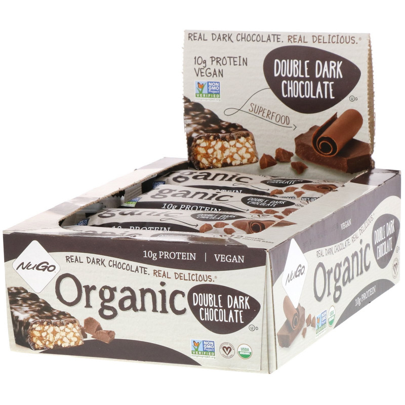 NuGo Nutrition, Органический двойной темный шоколад, 12 органических белковых батончиков, 1,76 унции (50 г) каждый