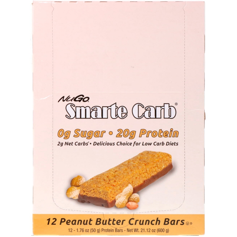 NuGo Nutrition, Smarte Carb, хрустящие батончики с арахисовым маслом, 12 батончиков, 1,76 унции (50 г) каждый