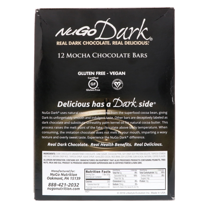 NuGo Nutrition, NuGo Dark, Протеиновые батончики, Мокко и шоколад, 12 батончиков, 1,76 унц. (50 г) каждый