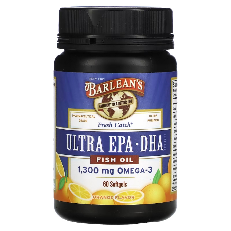 Barlean's Свежий рыбий жир ультра EPA/DHA кислоты двойная сила со вкусом апельсина 1000 мг 60 мягких капсул