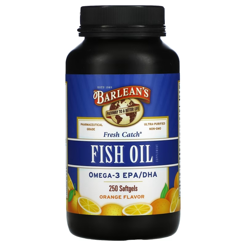Barlean's Fresh Catch Рыбий жир Омега-3 EPA/DHA Вкус апельсина 1000 мг 250 гелевых капсул