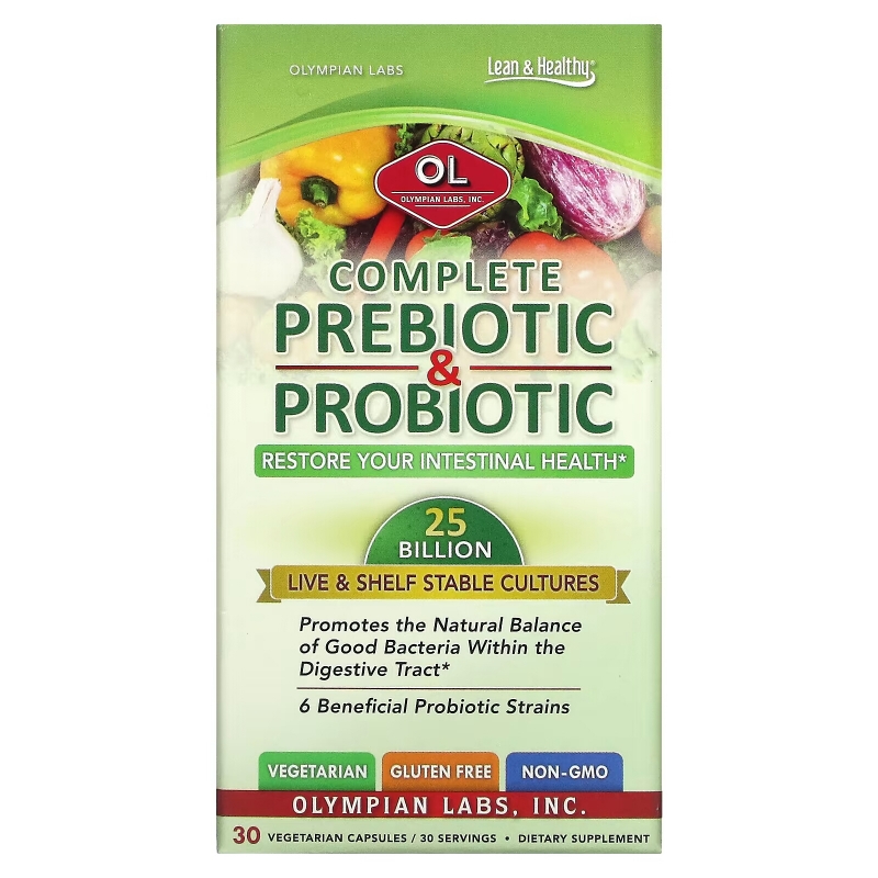 Olympian Labs Inc. Полные Пребиотики и Пробиотики 30 Вегетарианских Капсул