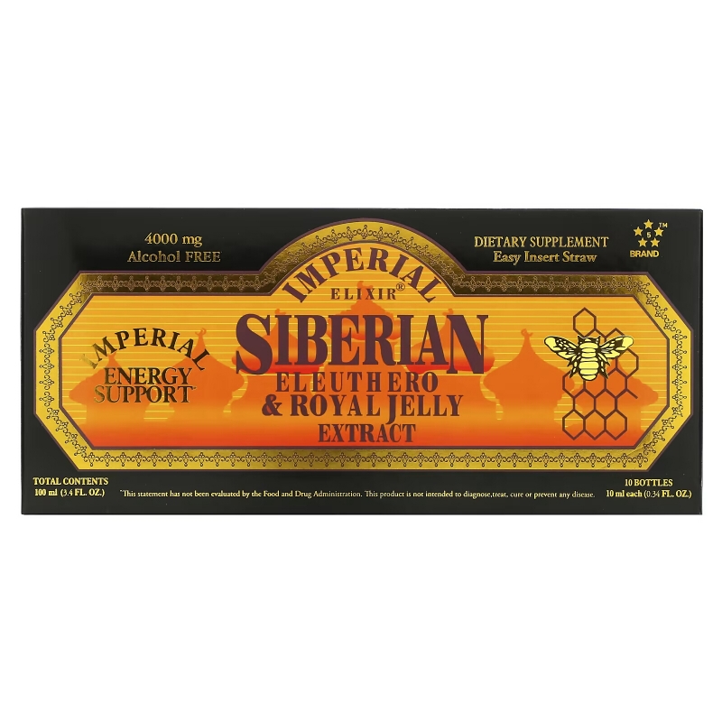 Imperial Elixir Siberian Eleuthero & Royal Jelly Extract Alcohol Free 4000 mg 10 Bottles 0.34 fl oz (10 ml) Each