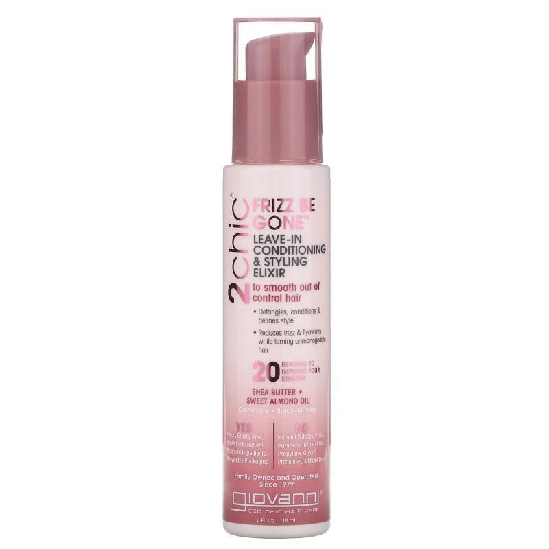 Giovanni, 2chic, Frizz Be Gone Leave-In Conditioning & Styling Elixir, Shea Butter & Sweet Almond Oil, 4 fl oz (118 ml)