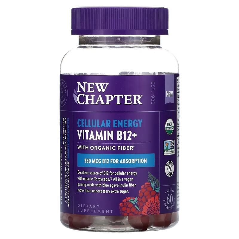 New Chapter, Cellular Energy Vitamin B12+, Raspberry, 350 mcg, 60 Flavored Gummies