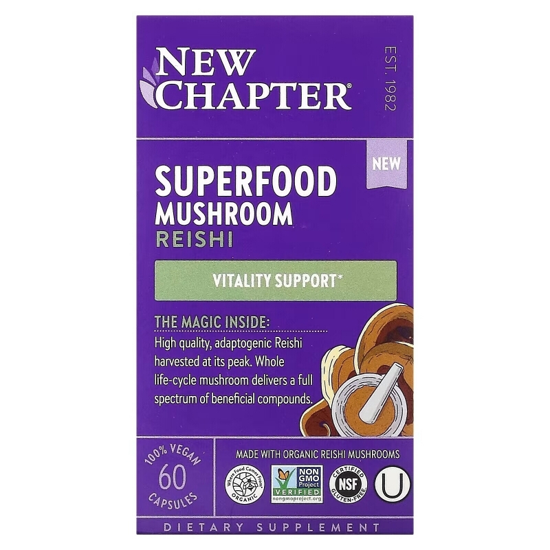 New Chapter, Superfood Mushroom, рейши, 60 веганских капсул