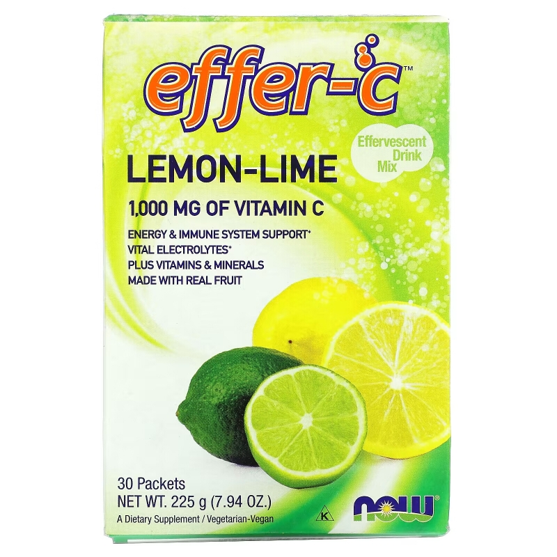 Now Foods Effer-C шипучий напиток с электролитами и транспортным С-Plus со вкусом лимона и лайма 30 пакетиков (7,5 г каждый)