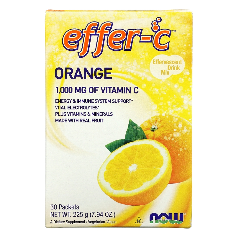 Now Foods Effer-C электролиты смесь для шипучего напитка апельсиновая 30 пакетиков по 7.5 г