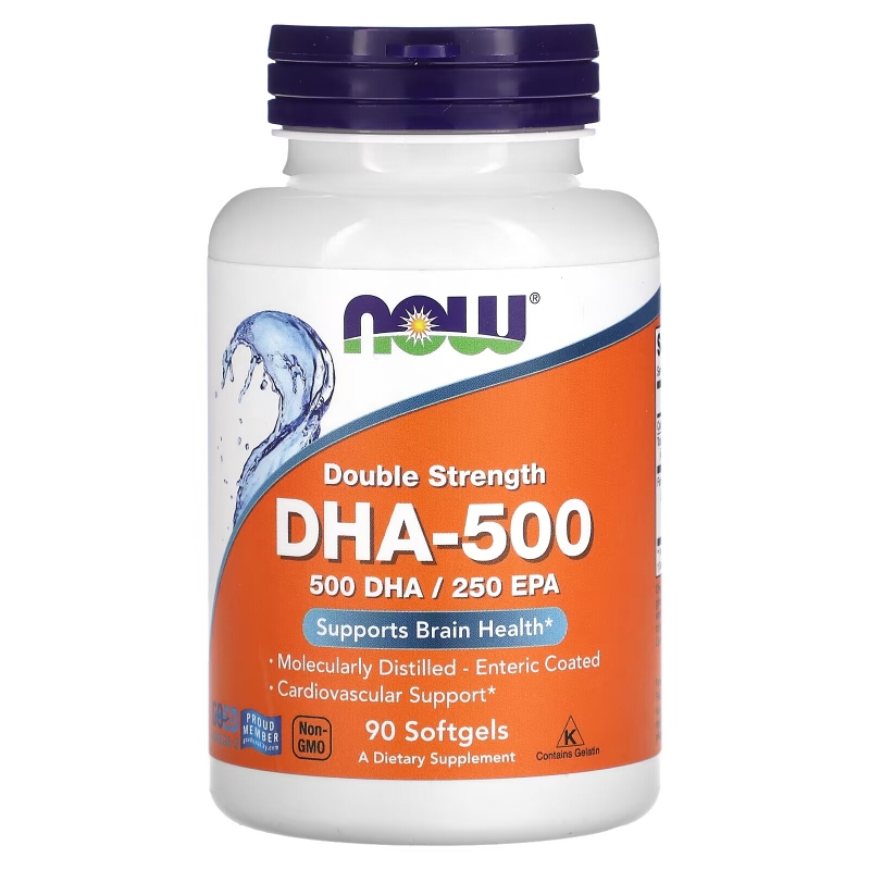 NOW Foods, Рыбий жир DHA-500, двойного действия, 90 мягких таблеток