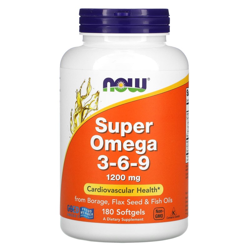 Now Foods Супер Омега 3- 6- 9, капсулы для поддержания сердечно-сосудистой системы, 1200 мг.180 капсул