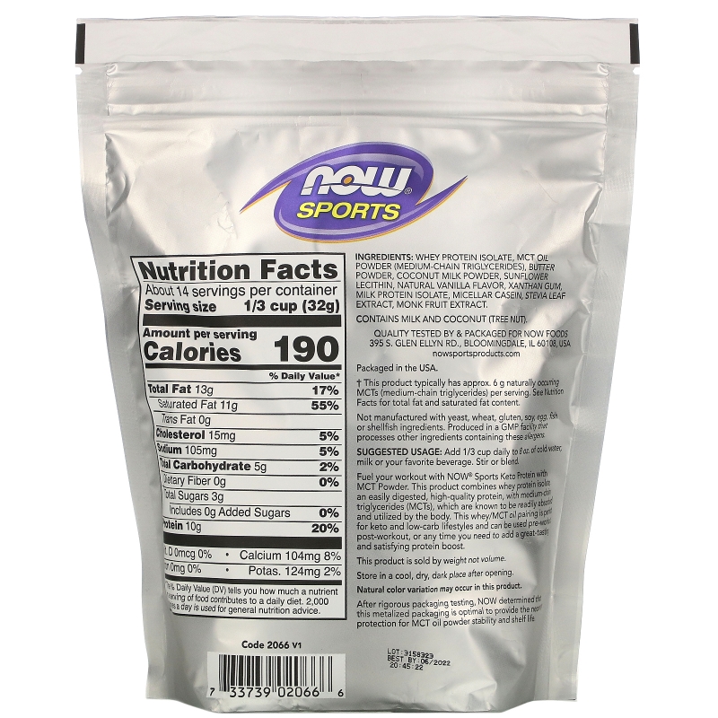 Now Foods, Sports, Keto Protein with MCT Powder, Vanilla Cream, 1 lb (454 g)