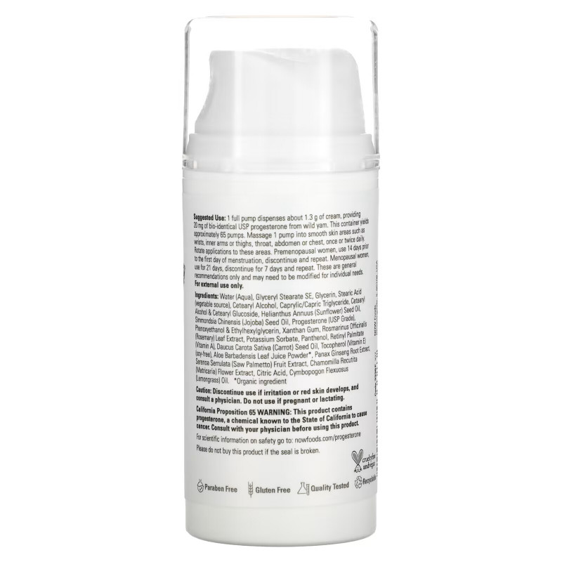 Now Foods Solutions, Натуральный прогестерон липосомный крем для кожи, для женского здоровья, без запаха 3 унции (85 г)