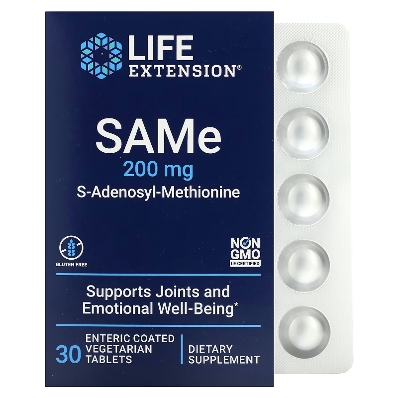 Life Extension, SAMe, 200 мг, 30 таблеток, покрытых желудочно-резистентной оболочкой