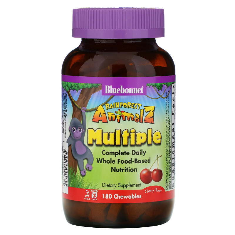 Bluebonnet Nutrition Rainforest Animalz Whole Food Based Multiple Natural Cherry Flavor 180 Chewables