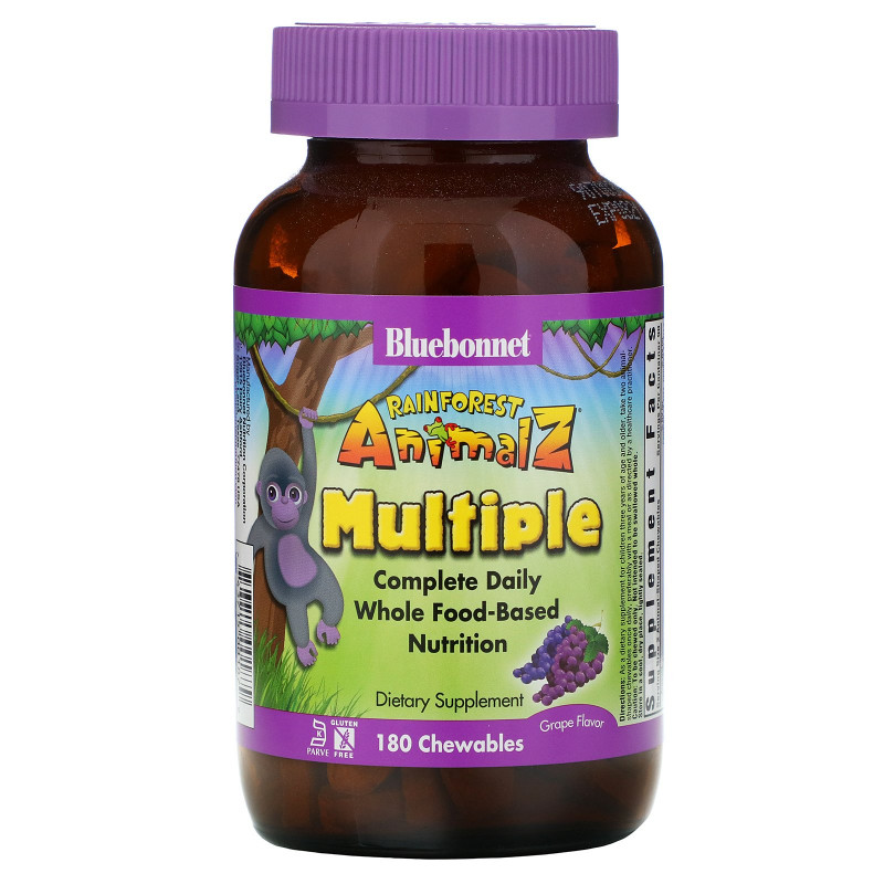 Bluebonnet Nutrition Тропические животные мультивитамин на основе цельных продуктов с натуральным вкусом винограда 180 жевательных конфет