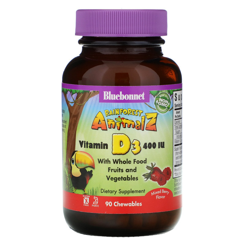 Bluebonnet Nutrition Super Earth Rainforest Animalz Vitamin D3 Mixed Berry 400 IU 90 Chewable Tablets