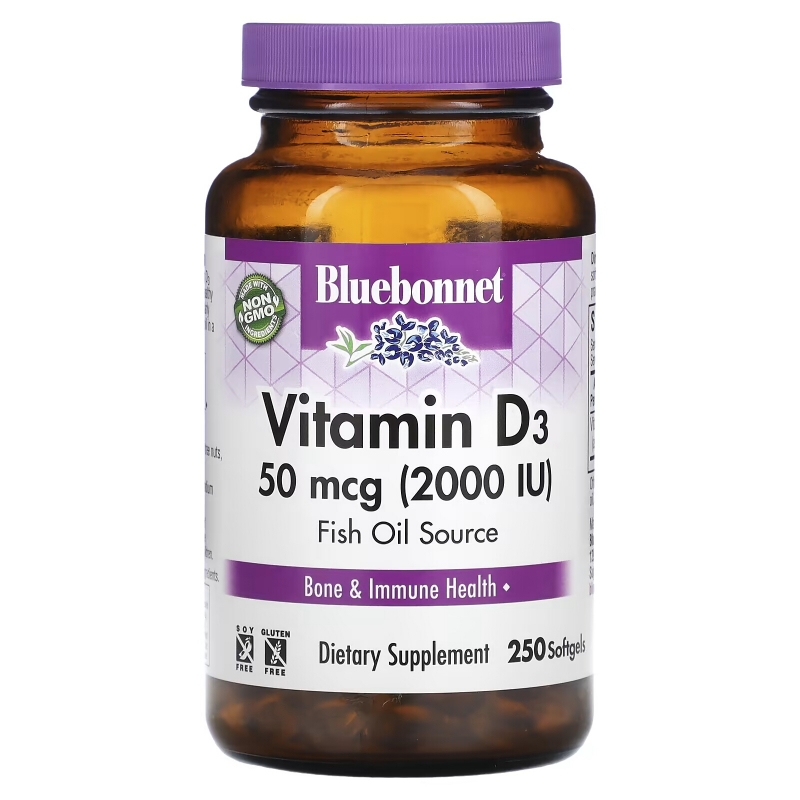 Bluebonnet Nutrition Витамин D3 2000 МЕ 250 гелевых капсул