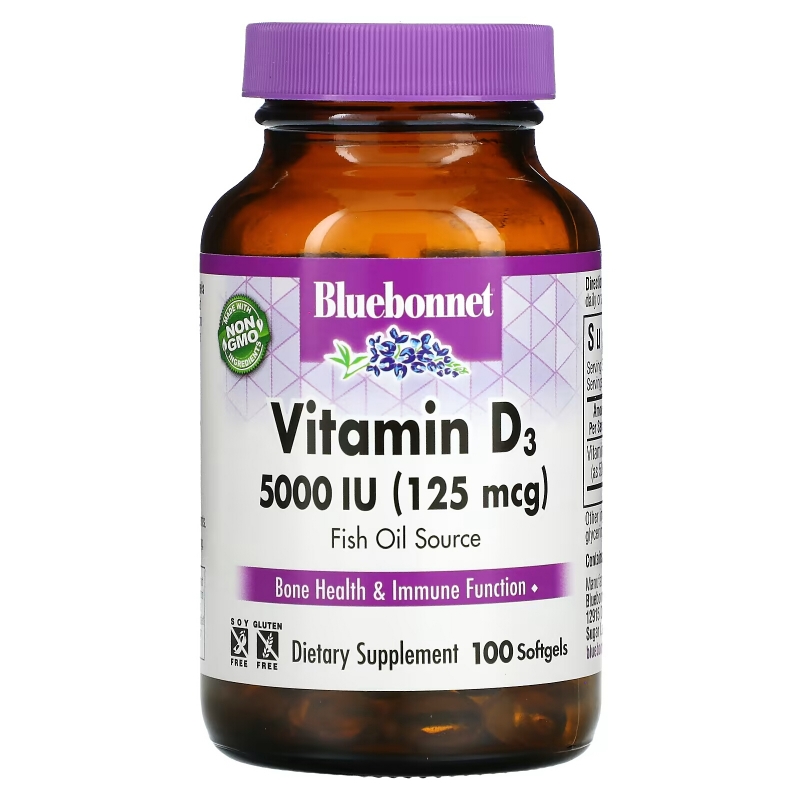 Bluebonnet Nutrition, Vitamin D3, 125 mcg (5,000 IU), 100 Softgels