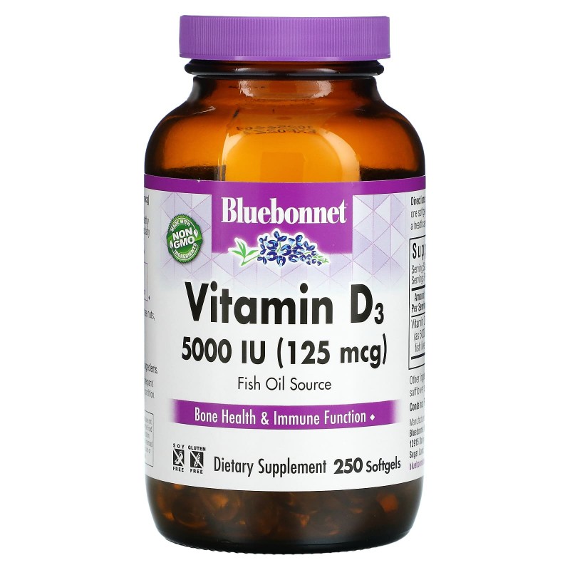 Bluebonnet Nutrition Витамин D3 5000 МЕ 250 гелевых капсул