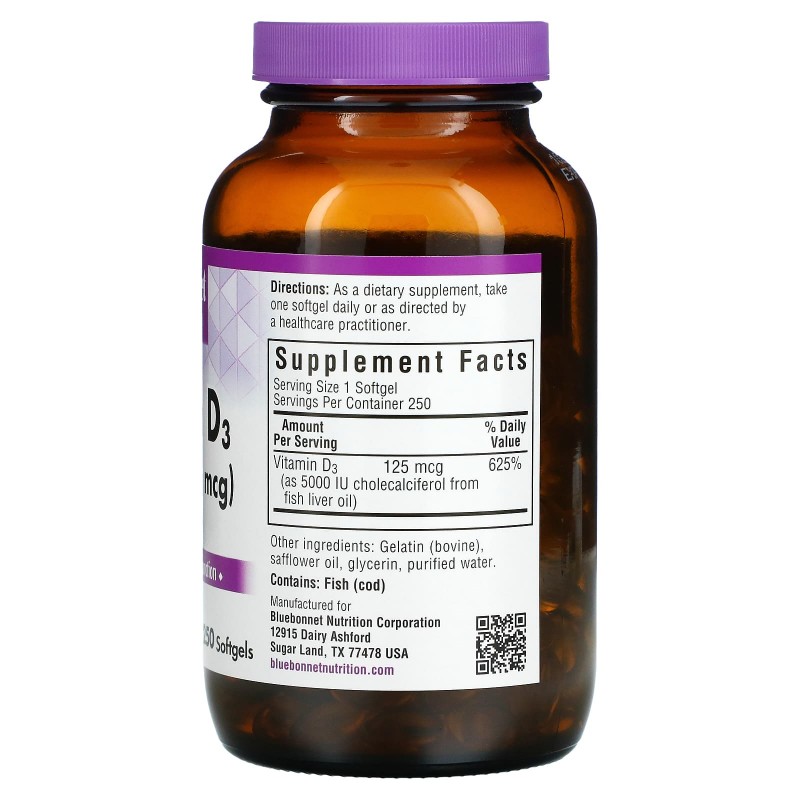 Bluebonnet Nutrition Витамин D3 5000 МЕ 250 гелевых капсул