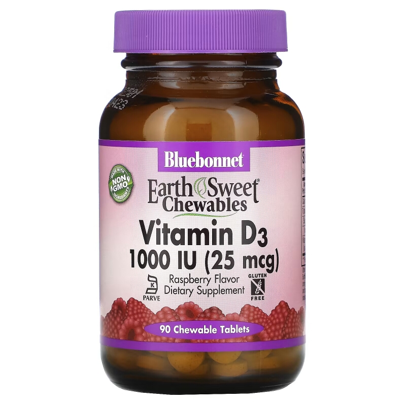 Bluebonnet Nutrition Earth Сладкий жевательный витамин D3 1000 IU вкус малины 90 штук