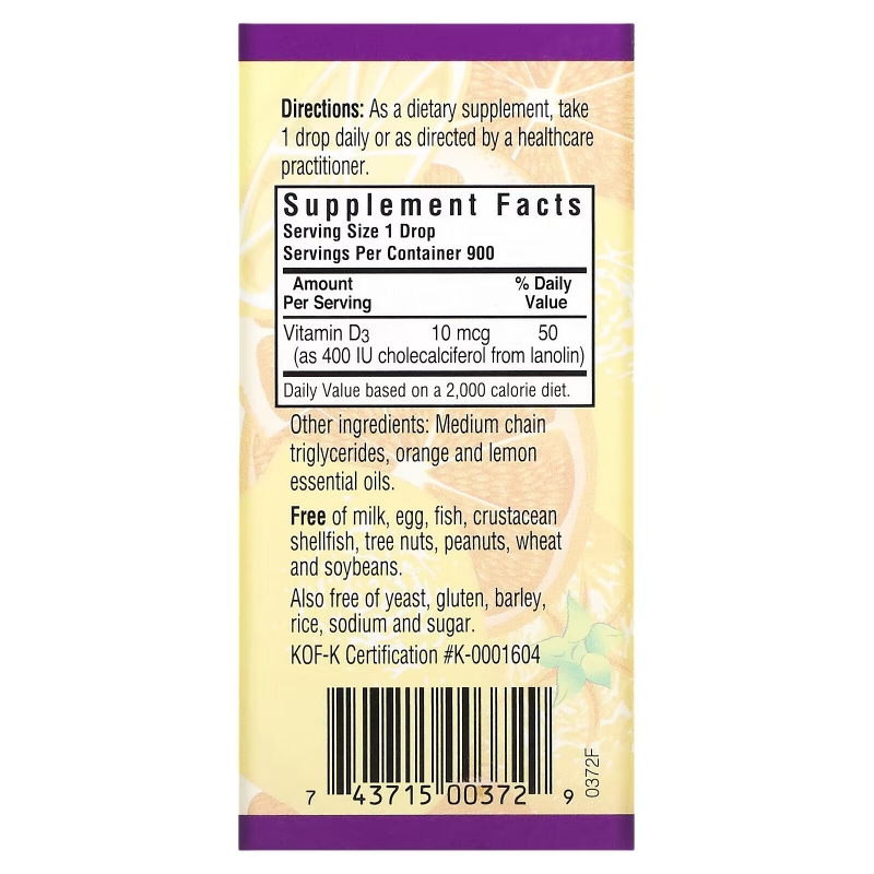 Bluebonnet Nutrition Жидкий витамин D3 в каплях Натуральный цитрусовый вкус 1 жидких унции (30 мл)