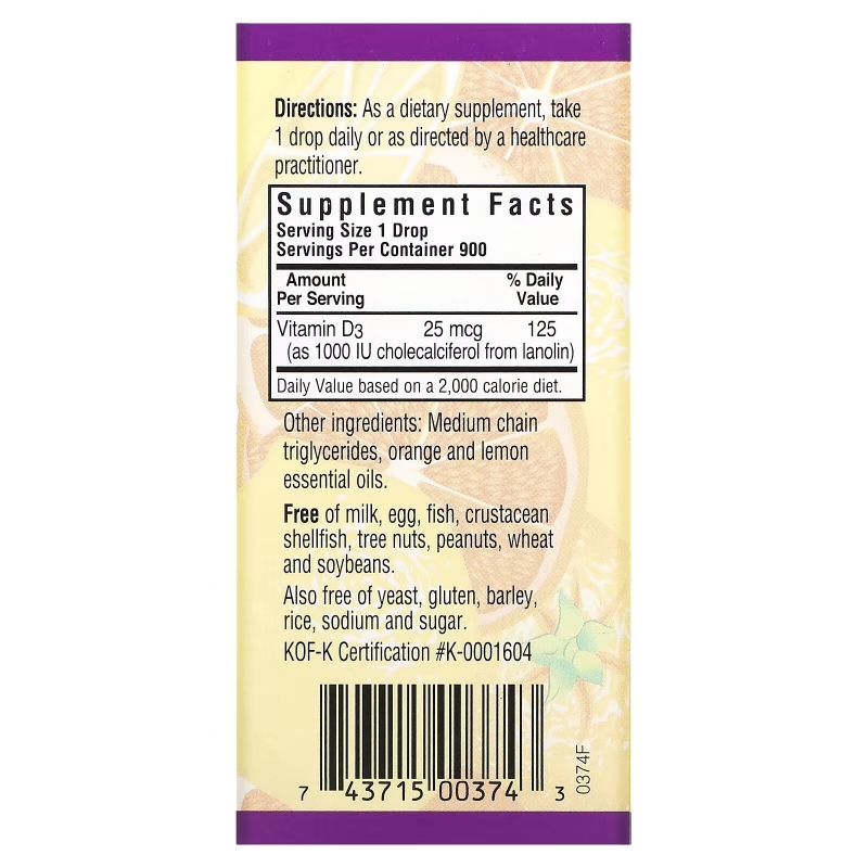 Bluebonnet Nutrition Жидкий витамин D3 в каплях натуральный цитрусовый вкус 1000 МЕ 1 жидкая унция (30 мл)