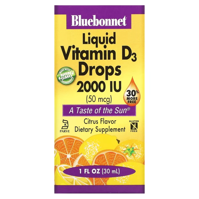 Bluebonnet Nutrition Жидкий витамин D3 в каплях натуральный цитрусовый вкус 2000 МЕ 1 жидкая унция (30 мл)