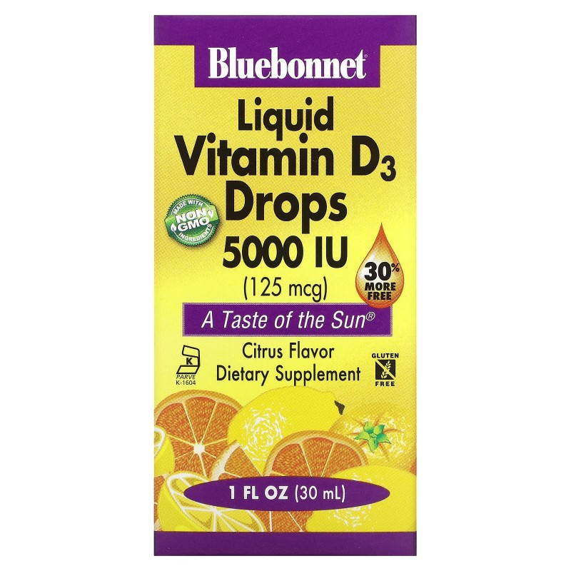 Bluebonnet Nutrition Жидкий витамин D3 в каплях цитрус 5000 МЕ 1 жидкая унция (30 мл)